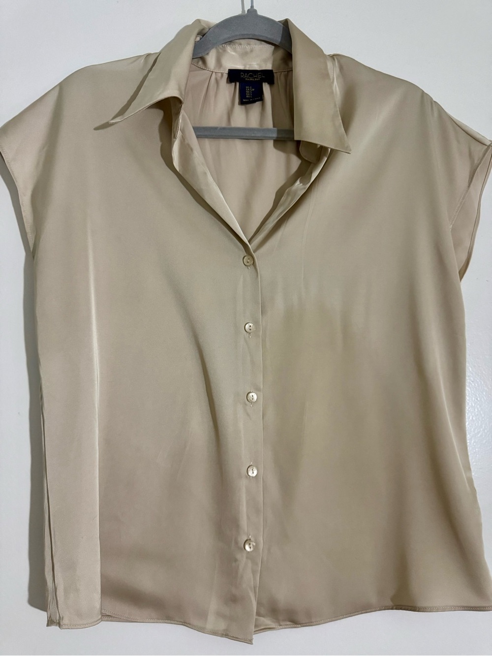Rachel Zoe Beige Cap-Sleeve Silk Button-Down Blouse